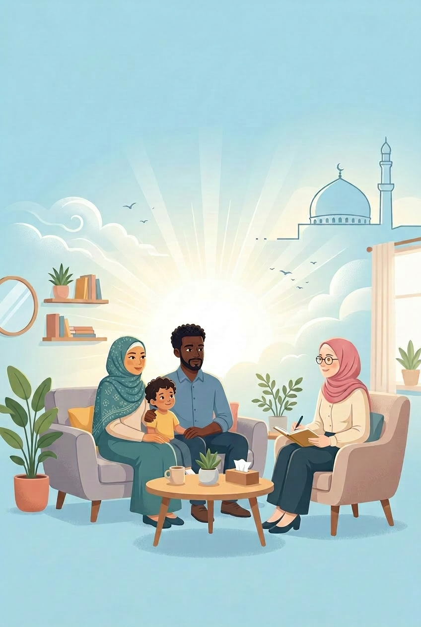 A Muslim family in a quiet therapy session with their counselor