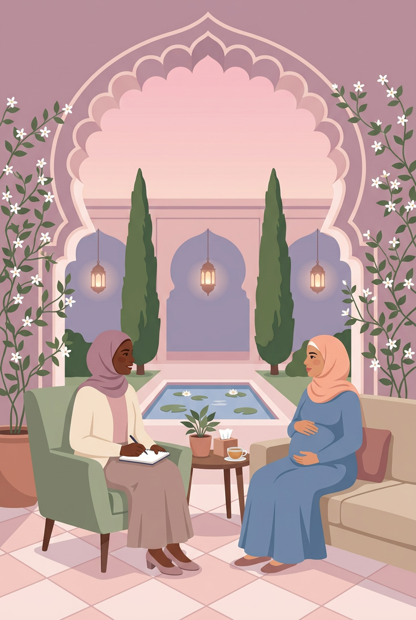A Muslim therapist with her client in a calm courtyard, soft lantern light