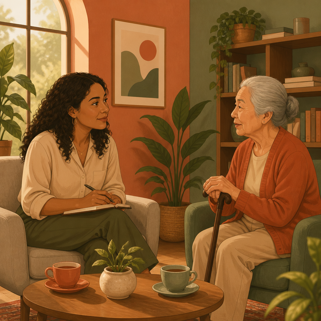 A therapist speaking with a young client