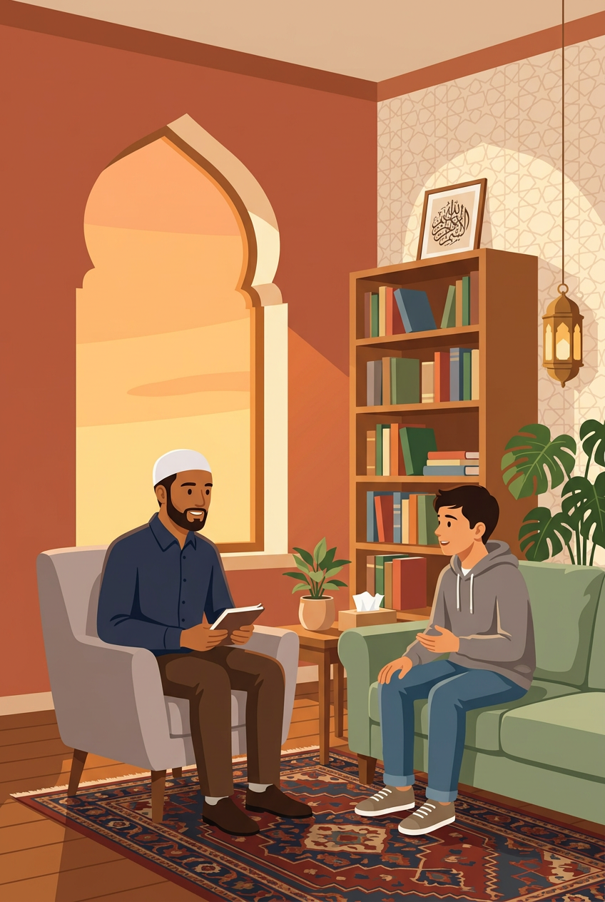 A Muslim therapist in conversation with a young man, warm study with bookshelves