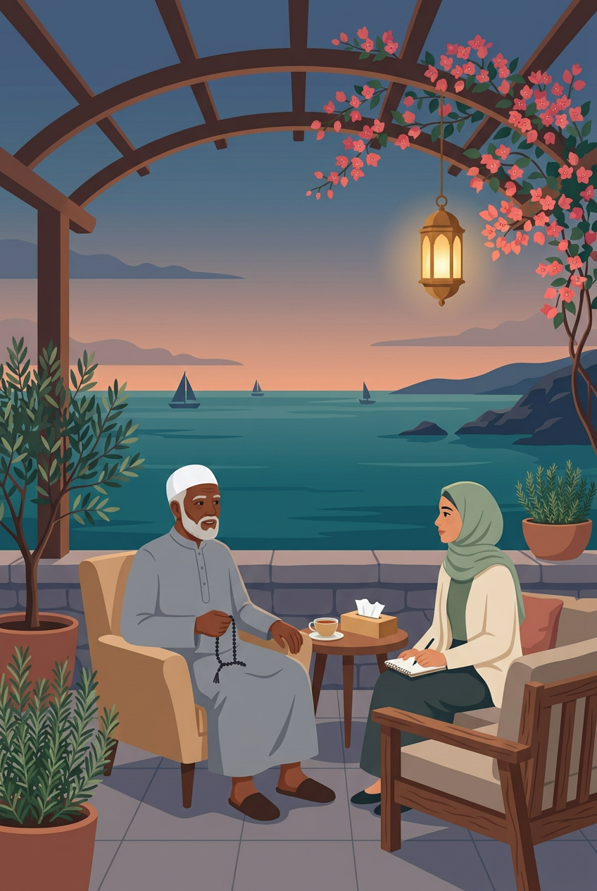 An elderly Muslim man with prayer beads in conversation with his therapist at dusk, sea view behind