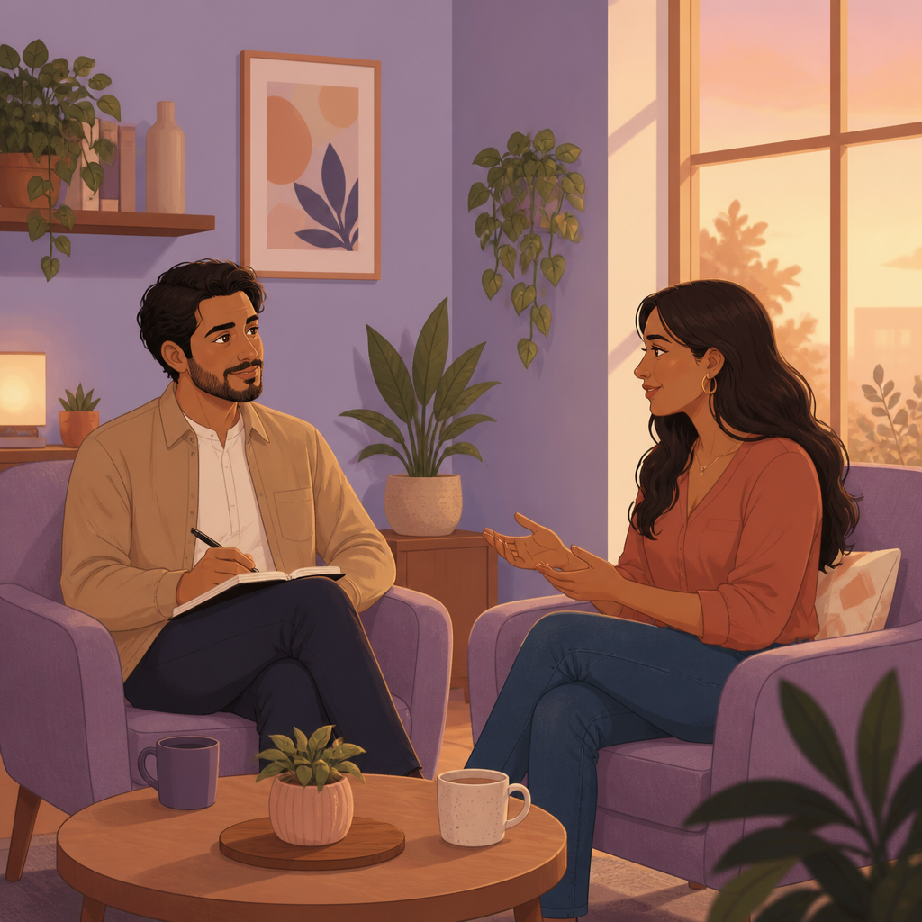 An elder in a calm conversation with their therapist