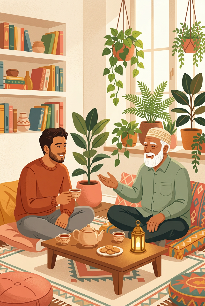 A young Muslim man and an elder sharing tea, in conversation